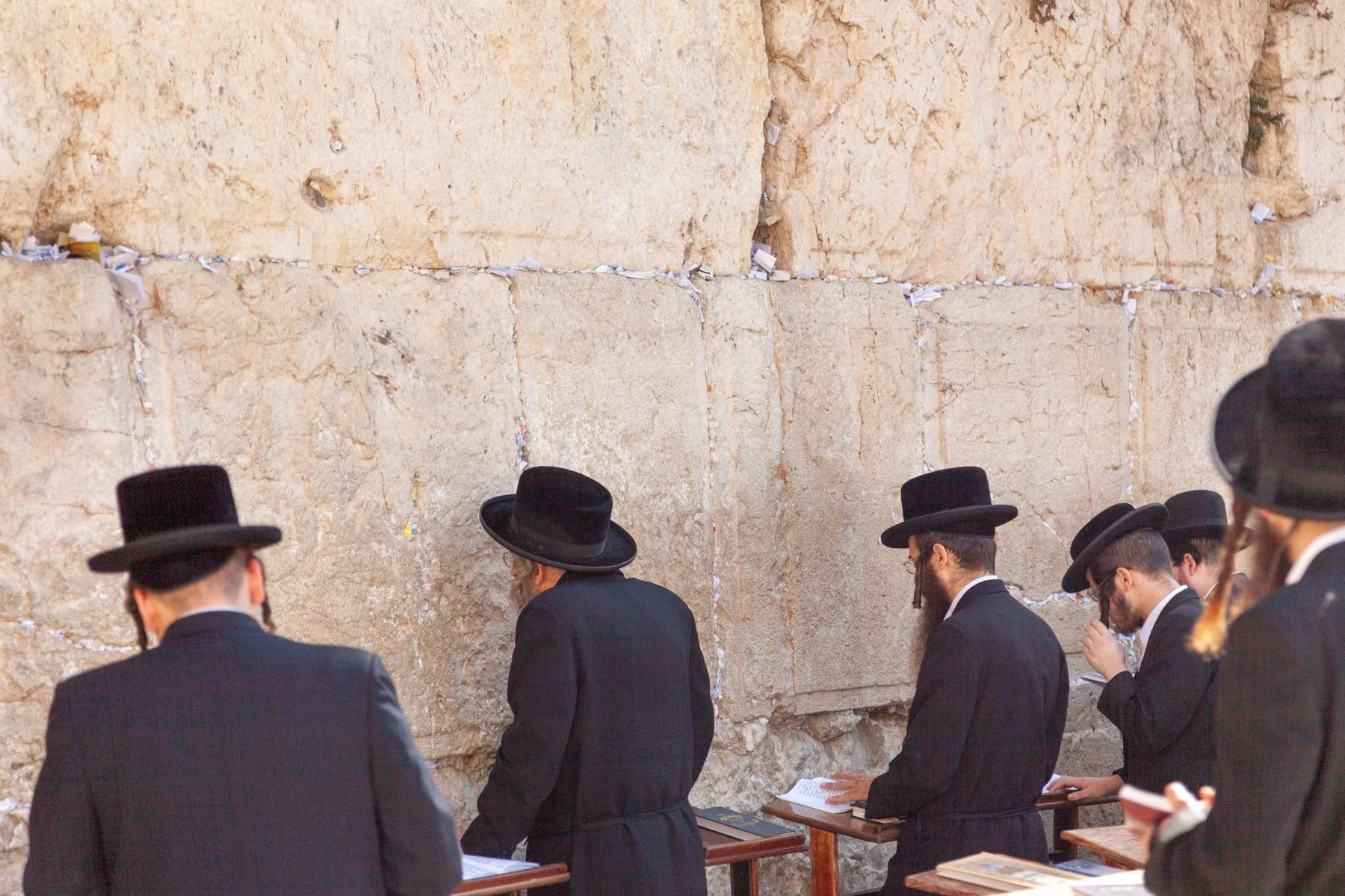 Orthodox Jewish men praying at the Western Wall in Jerusalem’s Old City.