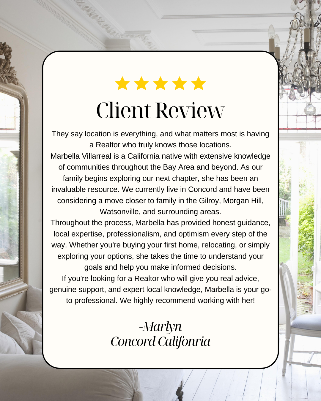 A client review testimonial for a Realtor, with a five-star rating, on a background of a bright, elegant living room with a chandelier and large windows showing a garden outside.