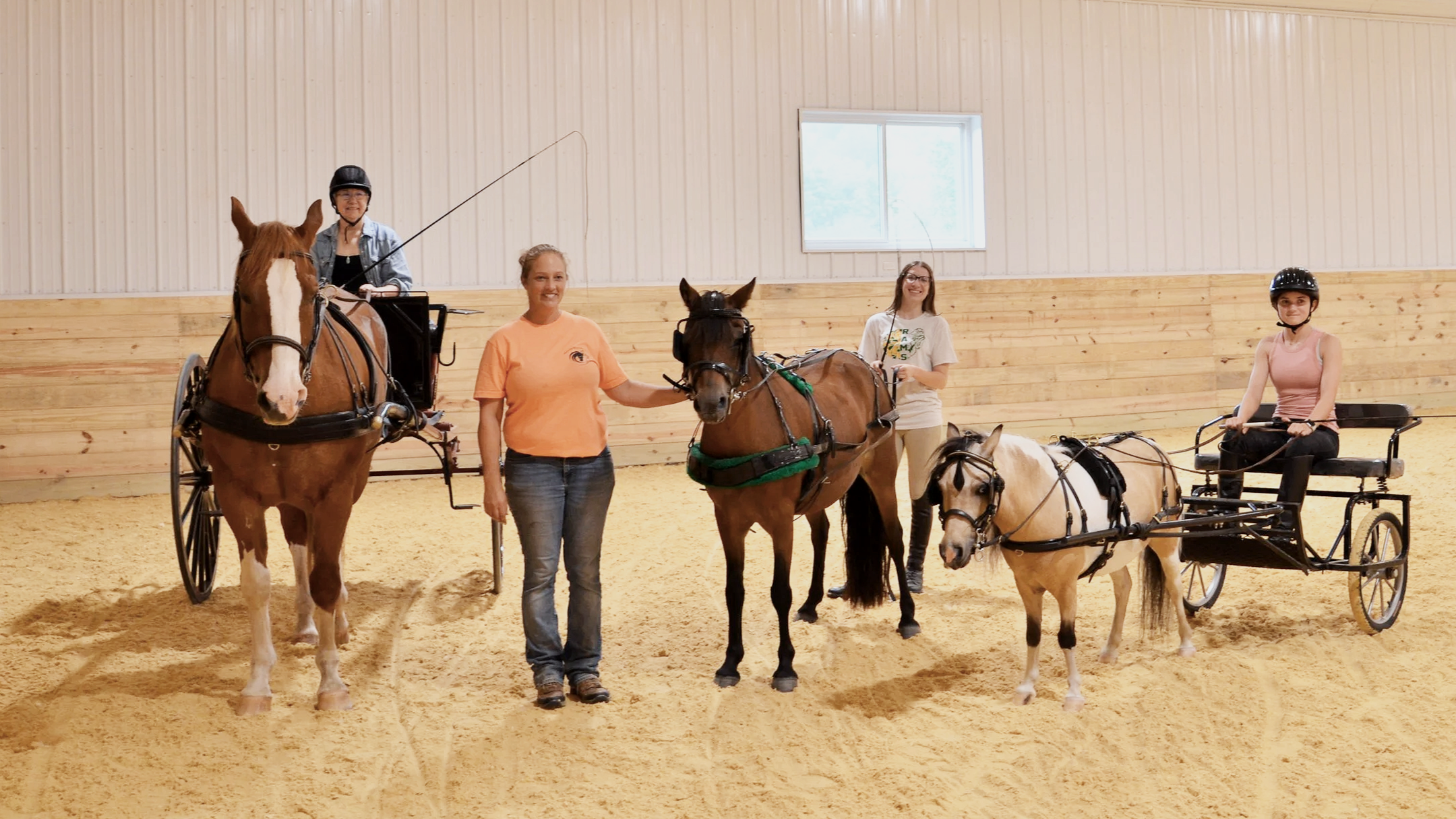 Four women and a girl with horses and carriages inside an indoor riding arena, some women are standing while others are sitting on the horses, all are smiling. Driving lessons or clinic.  at NorthWoods Farm, Dushore, PA