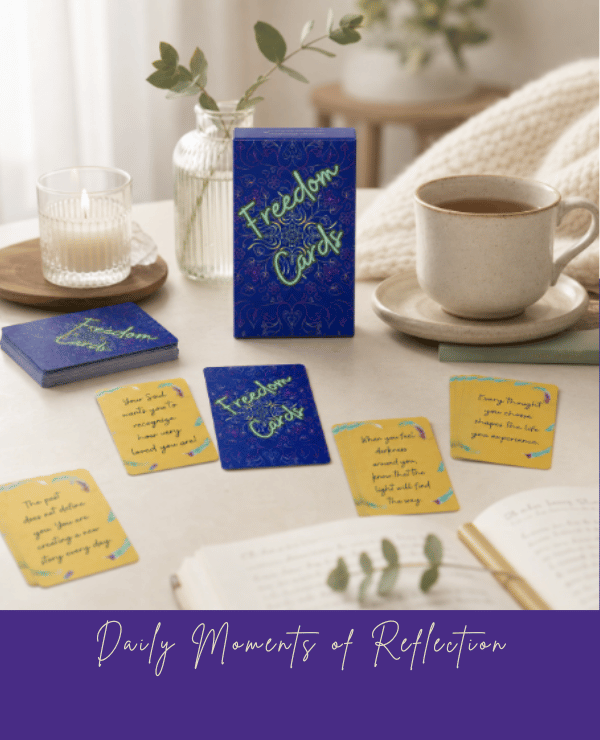 Freedom Cards affirmation deck displayed with reflective prompt cards, candle, coffee, and calming décor, encouraging mindfulness, gratitude, daily reflection, and personal growth.