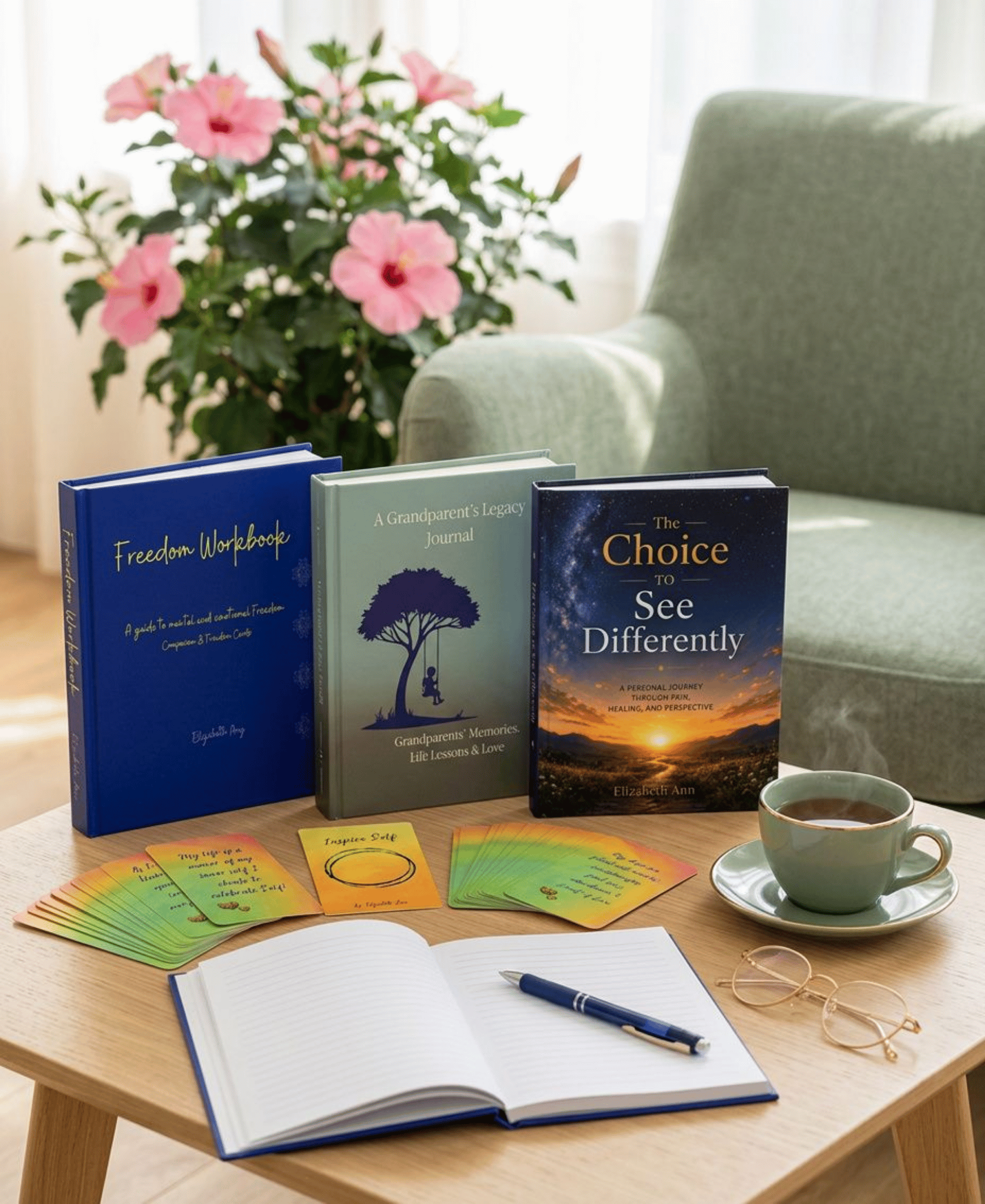 Open journal with inspirational cards, books, coffee, and writing tools arranged to inspire reflection, gratitude, healing, and personal growth.