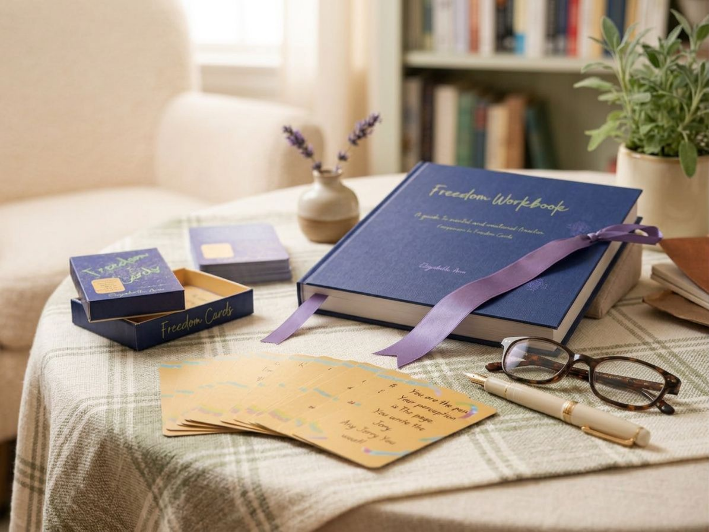 Freedom Workbook displayed with companion Freedom Cards, handwritten notes, pen, and coffee, encouraging self-reflection, journaling, mindfulness, and personal growth.