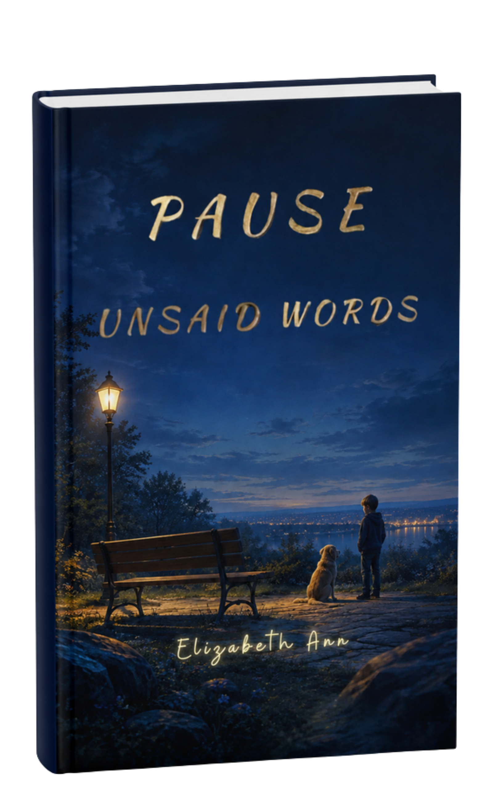 D book cover of PAUSE: Unsaid Words by Elizabeth Ann, showing a child and dog near a park bench beneath a glowing streetlamp at night.
