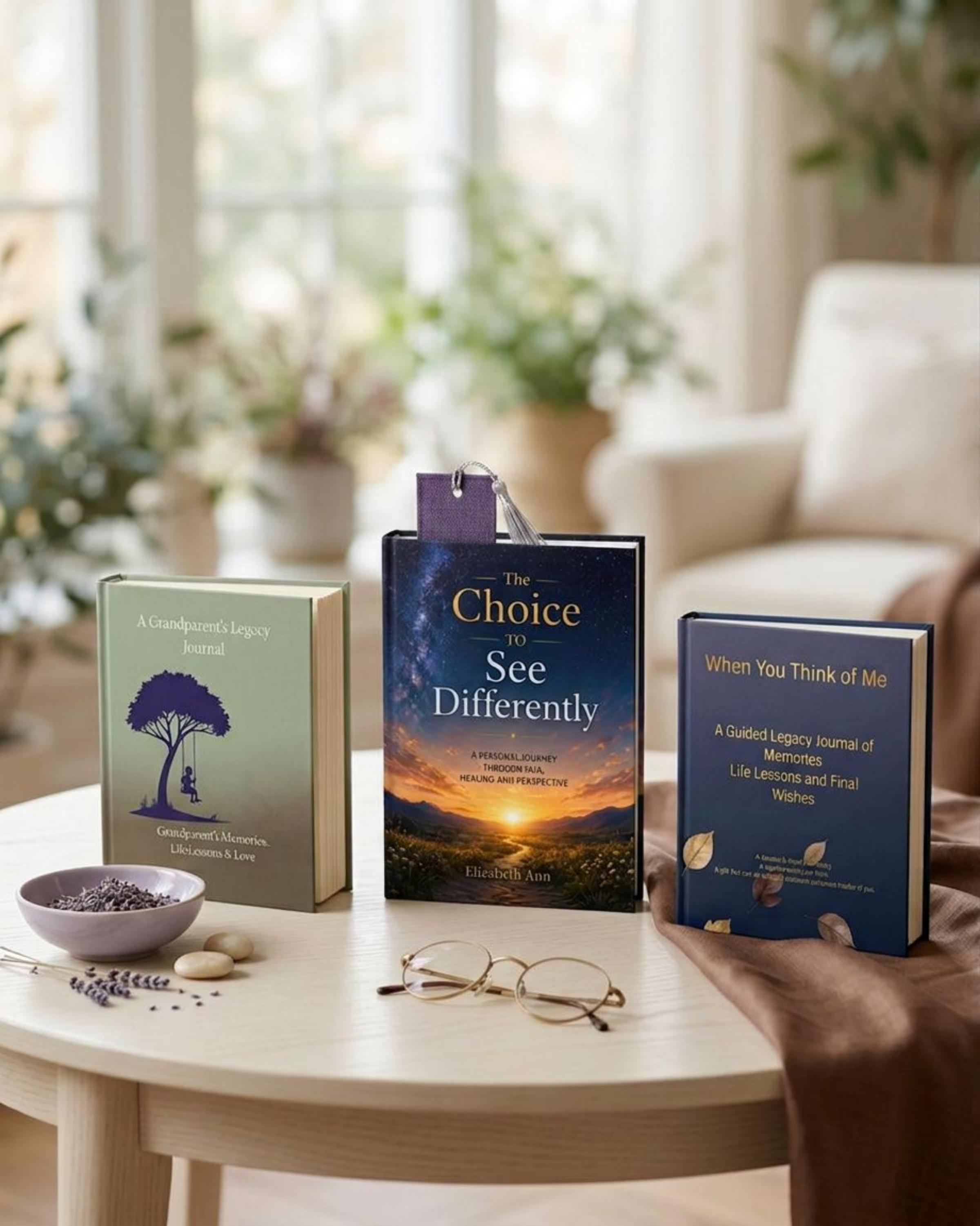A person holding a book titled "The Choice to See Differently" on a light-colored round table surrounded by other books, a small bowl of lavender, stones, and a pair of gold eyeglasses, with a cozy living room and large windows with plants in the background.