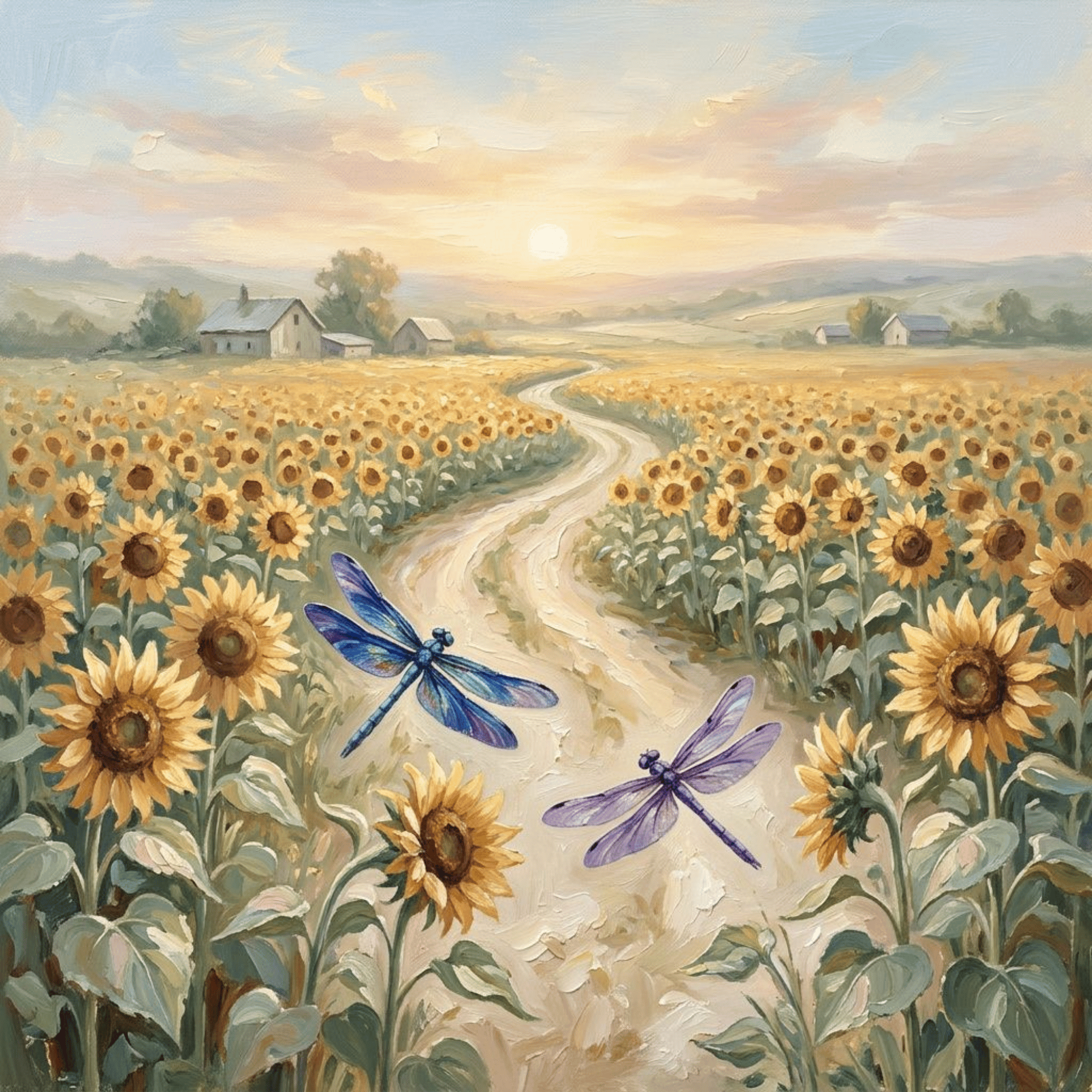Watercolor landscape painting featuring a peaceful countryside, sunflowers, rolling hills, and a winding river, reflecting the themes of healing, hope, and personal growth.