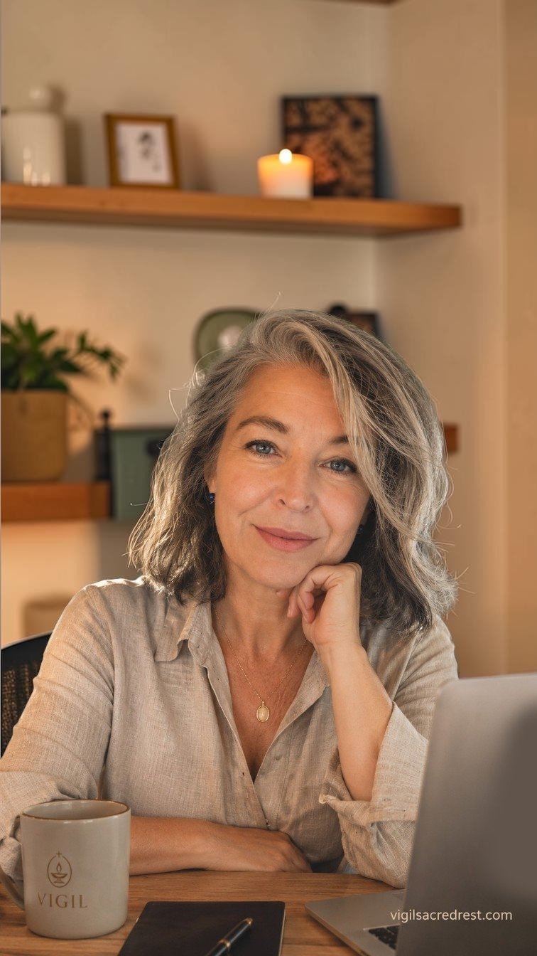 A middle-aged woman with gray hair and blue eyes sitting at a wooden table, smiling gently, with her hand resting under her chin, in a cozy home office or living room setting with a laptop, a mug, and a notepad in front of her. In the background, there are shelves with framed pictures, a plant, a candle, and some art or photos.