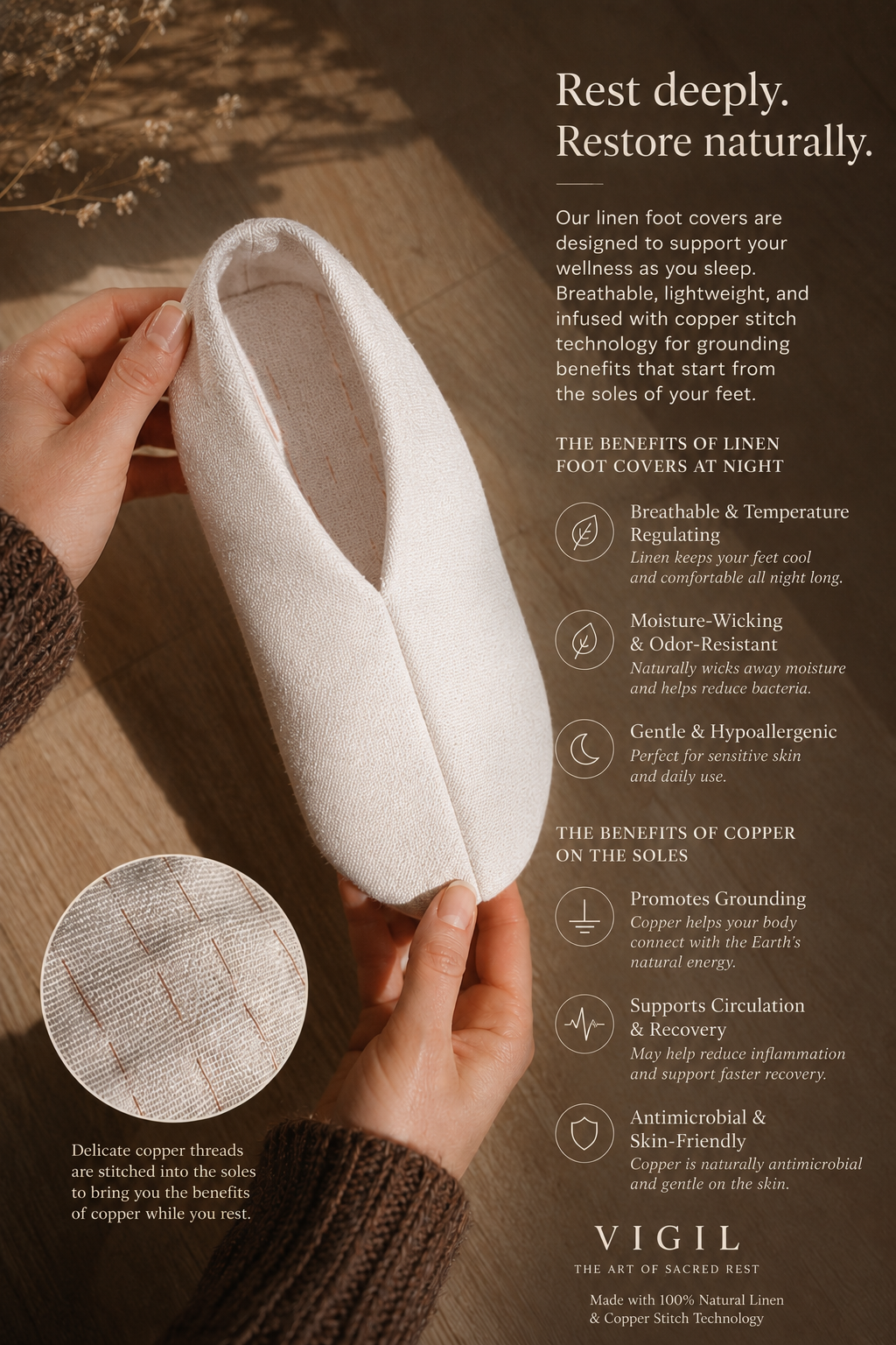 100% Pure Linen Bed Slippers With Copper