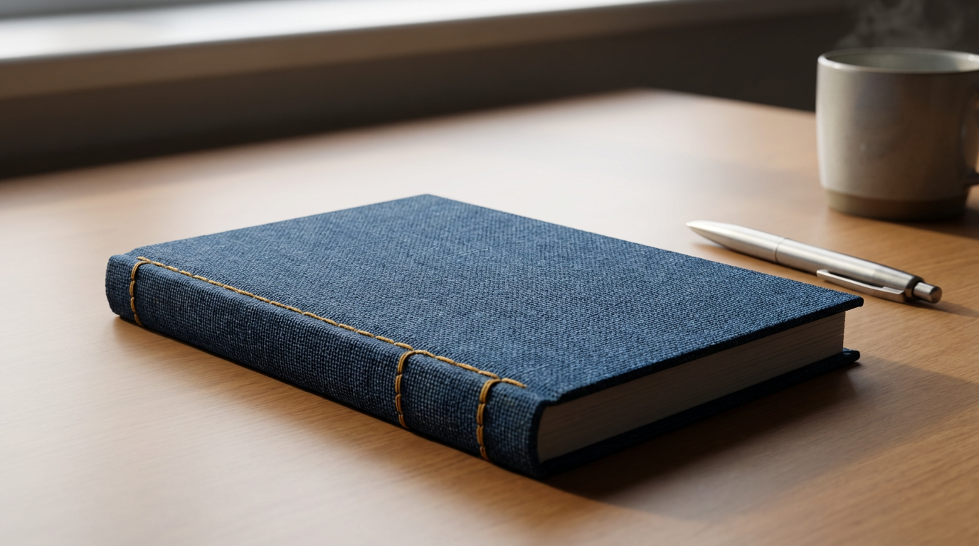 A closed blue fabric-covered notebook with yellow stitching on a wooden desk, next to a silver pen and a gray ceramic mug with steam rising from it.