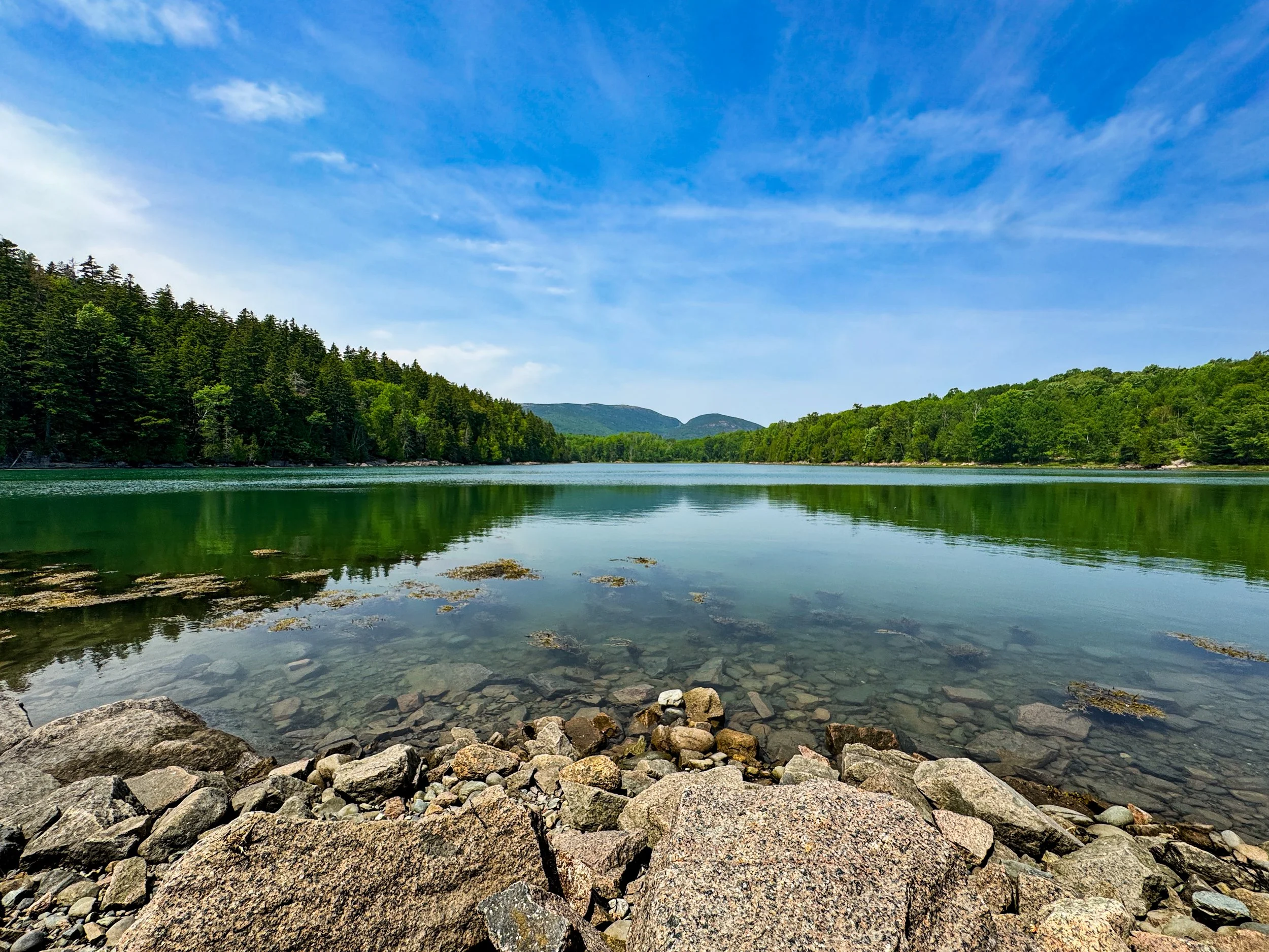 A serene landscape featuring a clear, calm lake with rocks along the shore, surrounded by dense green forests, under a partly cloudy blue sky.