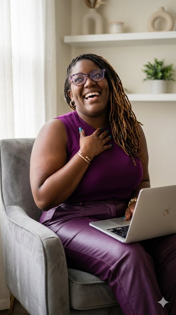 A woman with glasses and long dreadlocks, smiling and touching her chest, sitting in a gray armchair with a laptop on her lap in a well-lit room with shelves and decorative items in the background.