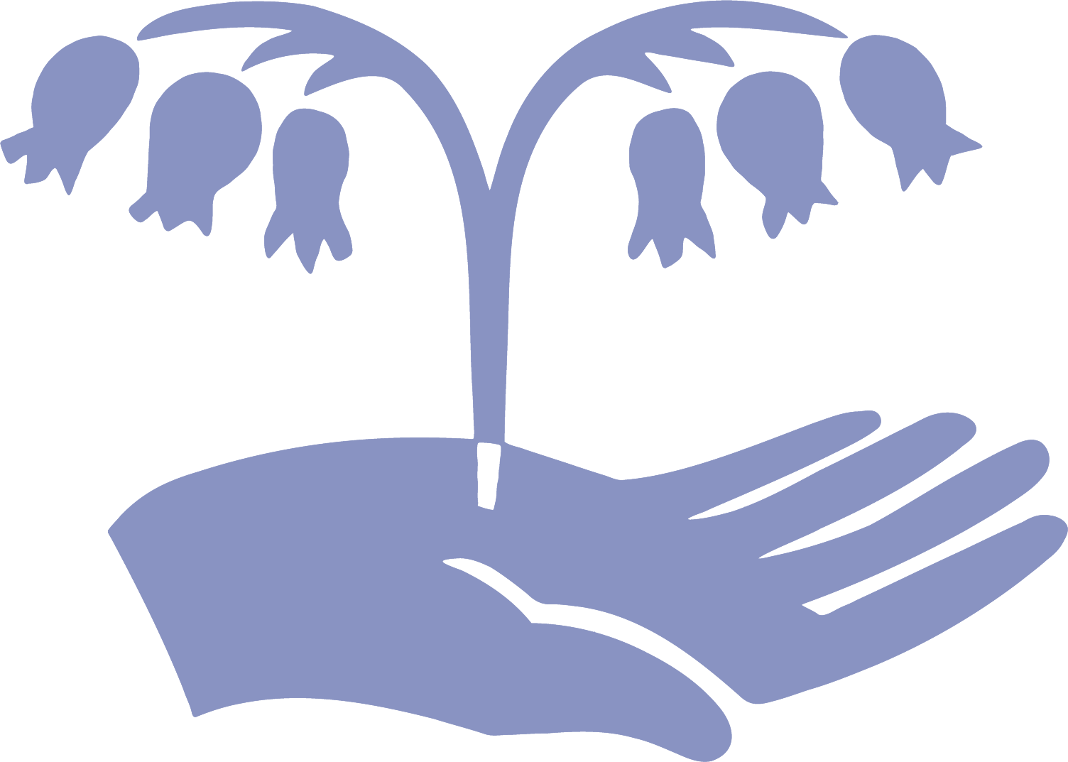 A stylized illustration of a hand holding a plant with five flowers.