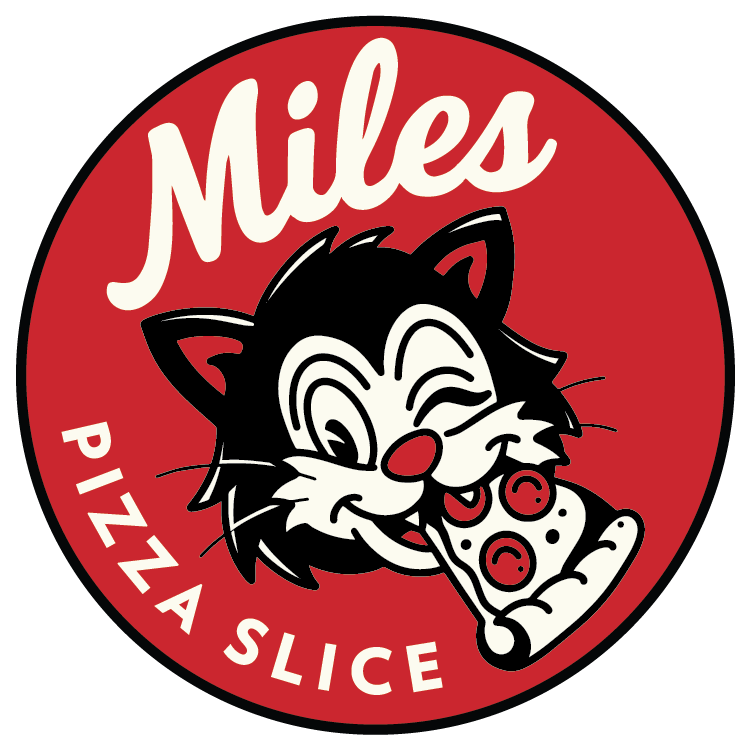 Logo with a black and white cartoon cat holding a slice of pepperoni pizza, with the text 'Miles' at the top and 'Pizza Slice' at the bottom, on a red circular background.