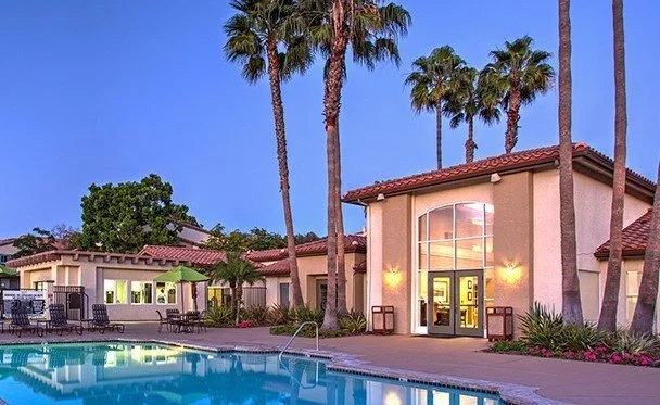 Swimming pool in front of a residential building with palm trees and clear blue sky