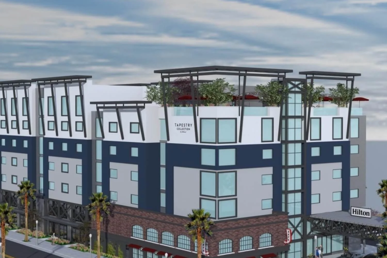 Rendering of a modern multi-story hotel with a rooftop terrace, large windows, a luxury aesthetic, palm trees in the foreground, and signage reading 'Hilton' and 'Tapestry Collection by Hilton'.