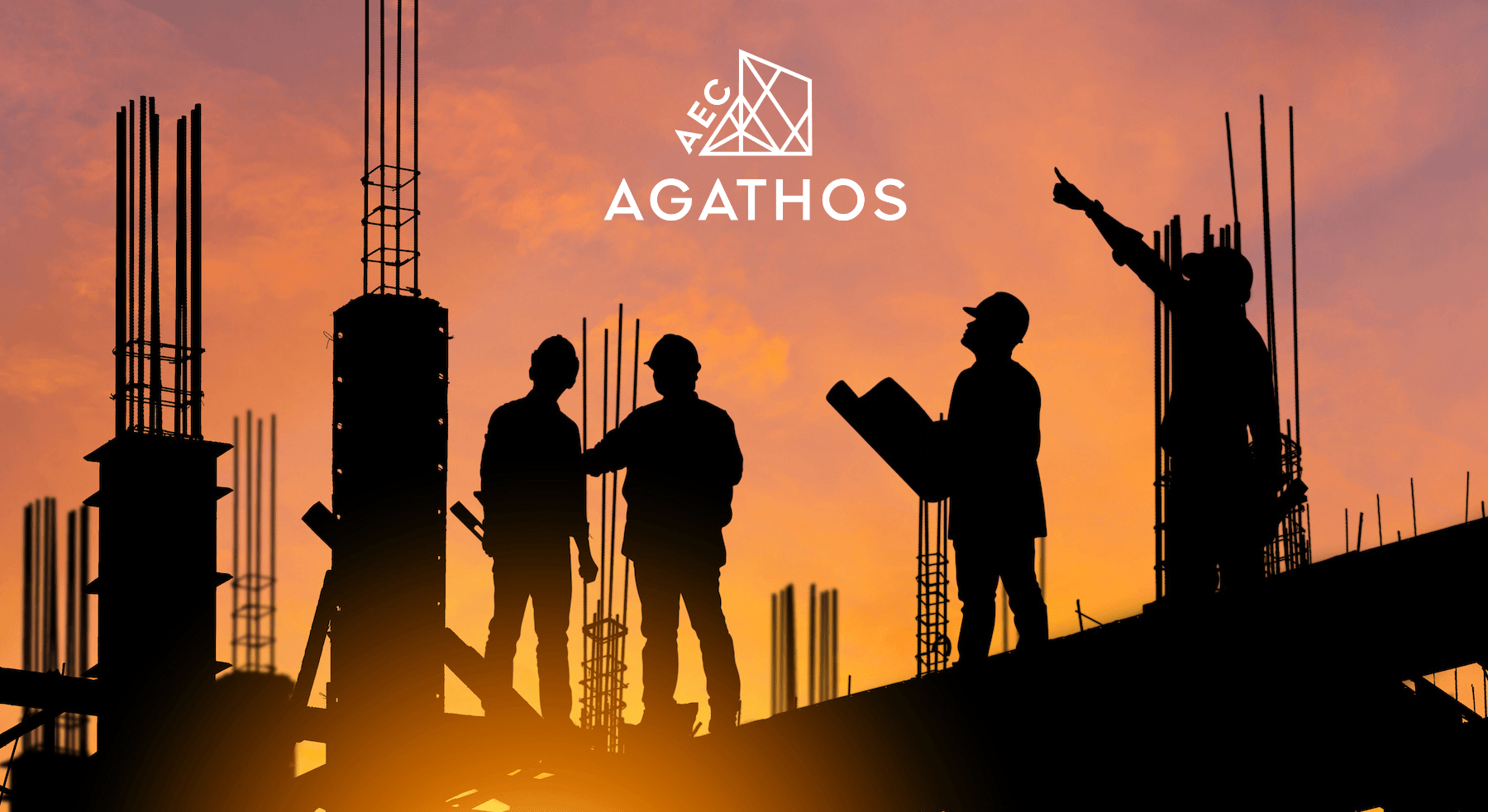 Silhouettes of construction workers on a building site during sunset, with skeletal structures and rebar protruding from concrete columns, and a sky with orange and pink hues.