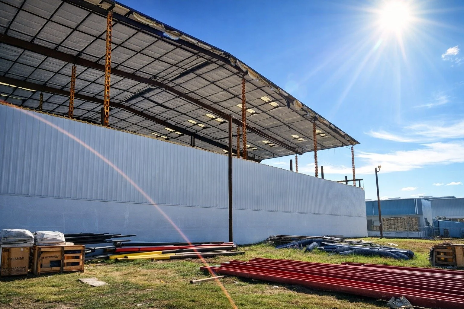 Outside view of an industrial roof lift for a warehouse by Plump Engineering