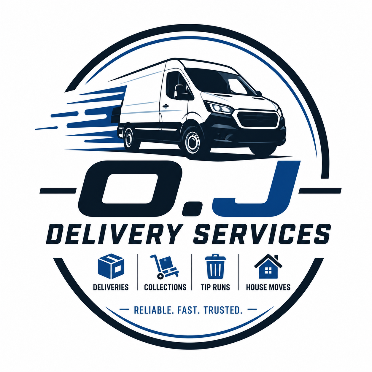 Logo for O.J. Delivery Services, featuring a moving van with motion lines, and icons for deliveries, collections, tip runs, and house moves, with the tagline 'Reliable. Fast. Trusted.'