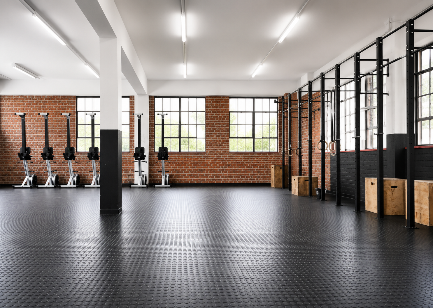 Empty gym with black rubber flooring, brick walls, large windows, and workout equipment including rowing machines and pull-up rigs.