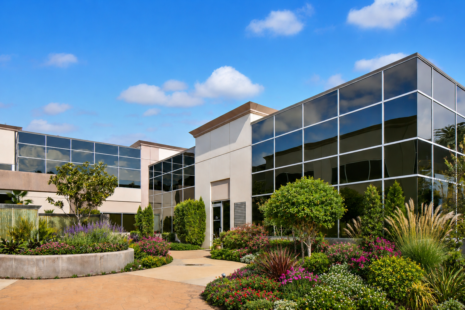 Modern building with glass windows and colorful landscaped garden with shrubs, trees, and flowers.