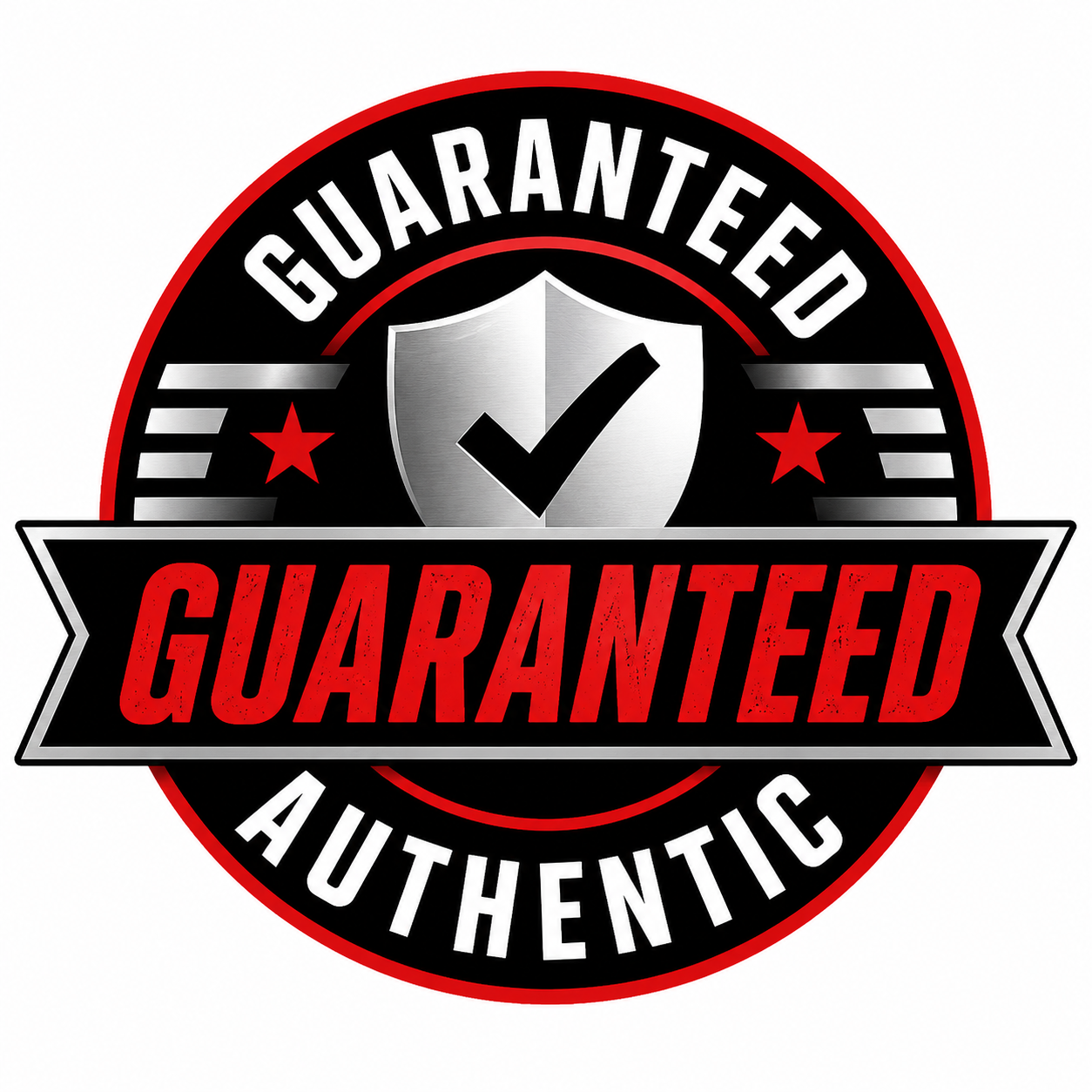 A circular badge with the text "Guaranteed" in red, "Authenticated" in white, and a shield with a checkmark in the center.