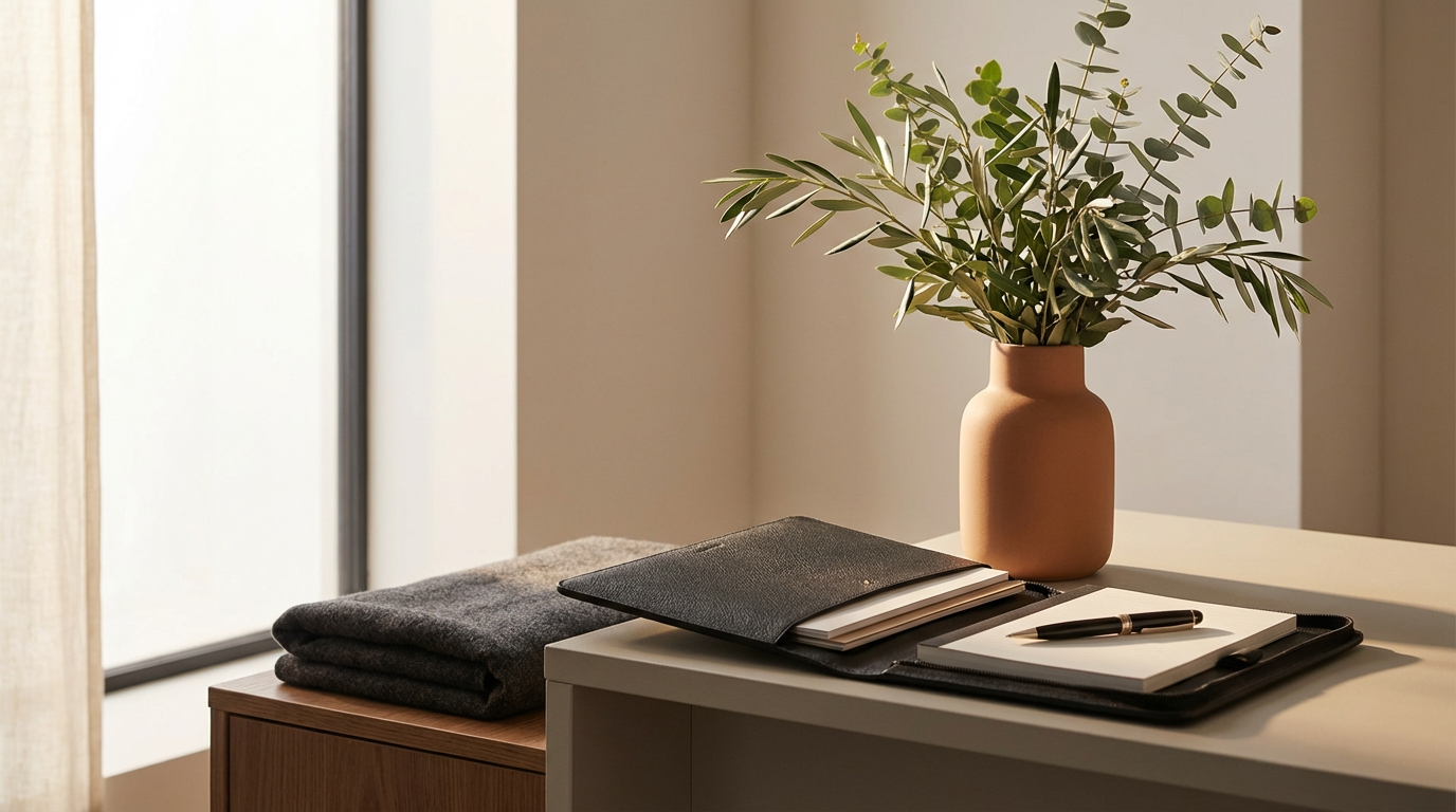 A beige table with a black pen, paper, and folders, with a pink vase with green leafy plant, and gray cloth on a wooden cabinet near a window.