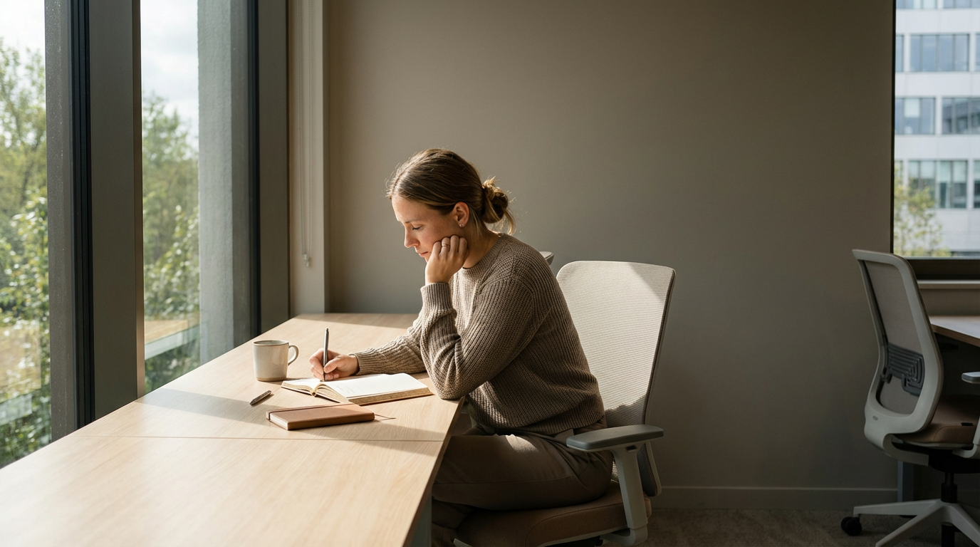 A woman sitting at a desk by a large window, writing in a notebook with a cup nearby in an office setting.