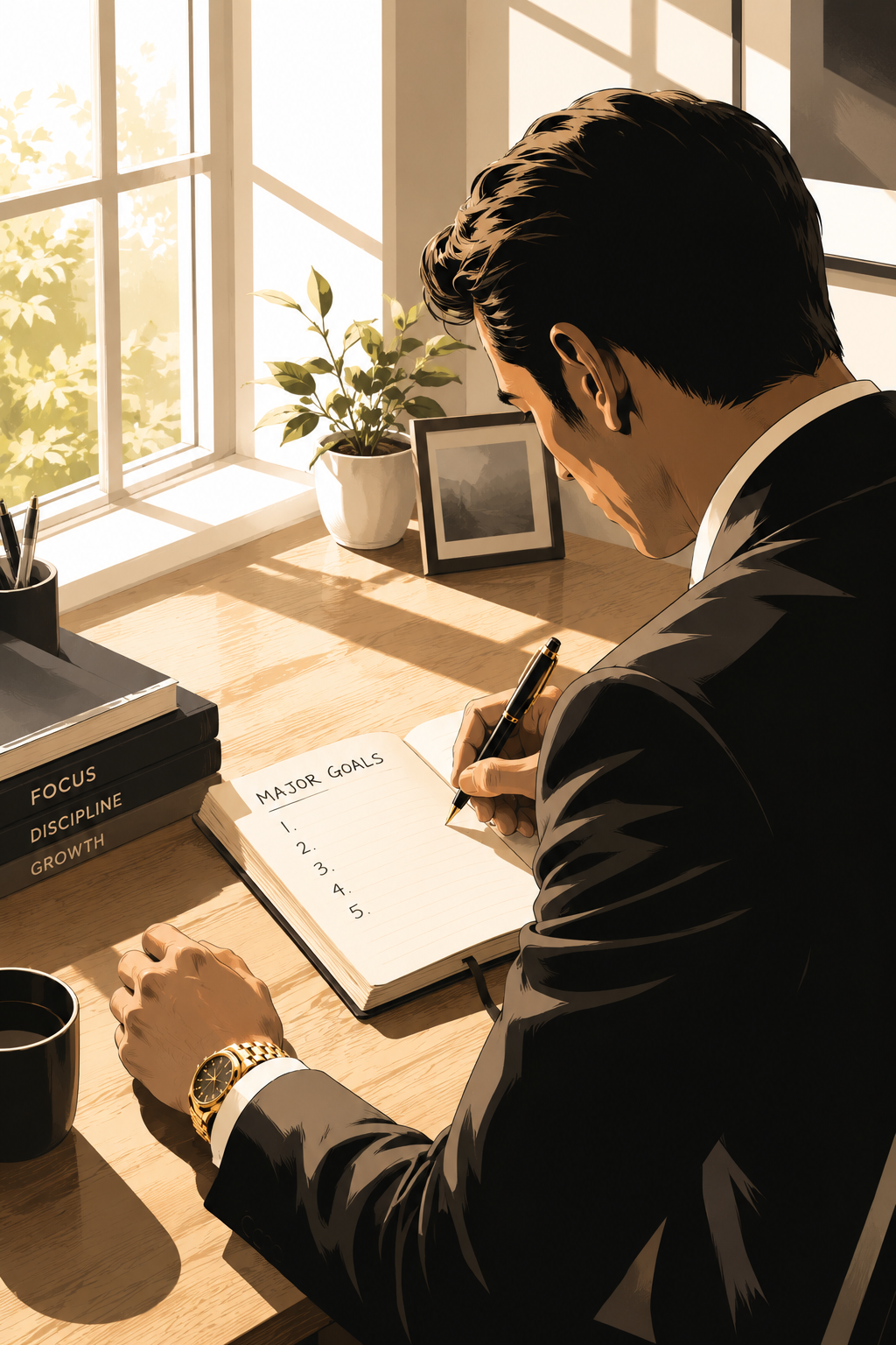 A man in a suit writing in a notebook titled 'Major Goals' on a desk near a window with sunlight, a potted plant, framed picture, and books labeled 'Focus,' 'Discipline,' and 'Growth'.