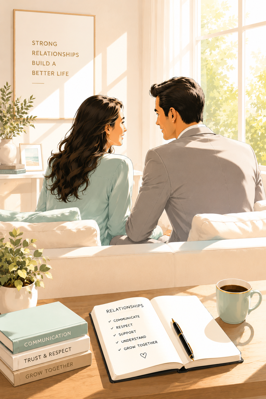A man and woman sitting close together on a couch, smiling at each other, in a sunlit room with large window and interior decor. On a table in front of them, there are books labeled "Communication," "Trust & Respect," and "Grow Together," an open notebook with "Relationships" and a list of qualities, a black pen, a coffee mug, a potted plant, and a small picture frame.
