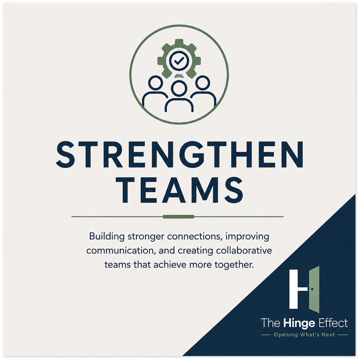 Cover page of a guide titled 'Strengthen Teams' with a graphic of three people above a gear and checkmark, and a subtitle about building stronger connections, improving communication, and creating collaborative teams. The bottom right features the logo and name 'The Hinge Effect' with the tagline 'Opening What's Next'.
