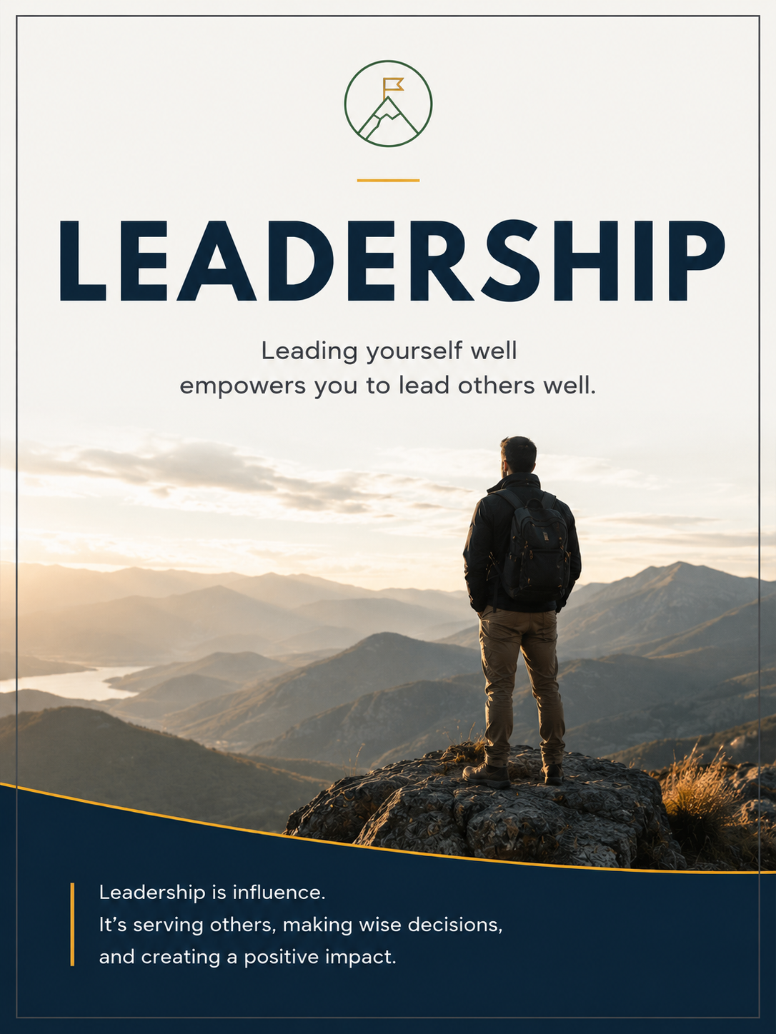 A person standing on a rocky hilltop overlooking mountains at sunset, with text about leadership and self-empowerment.