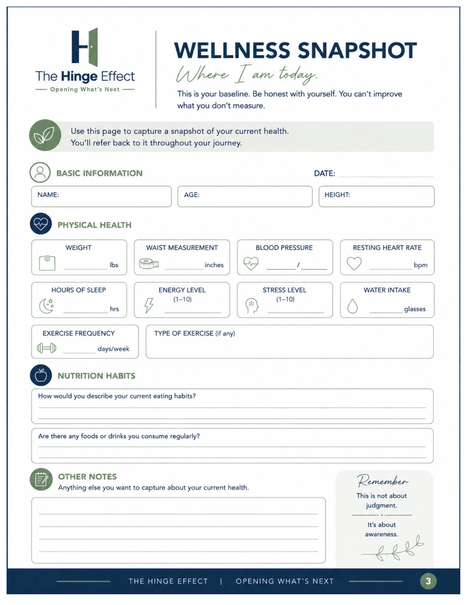 A health and wellness form titled 'Wellness Snapshot' with sections for personal information, physical health, nutrition habits, and notes, including icons and prompts for tracking health metrics.
