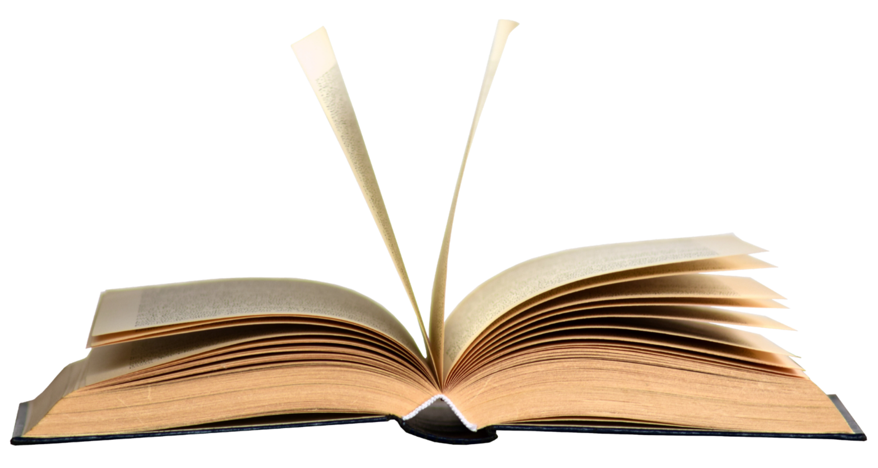 An open hardcover book with a curved spine and pages fanned out, with two pages bent upward in the shape of a 'V' or an open book with the pages forming a triangle.