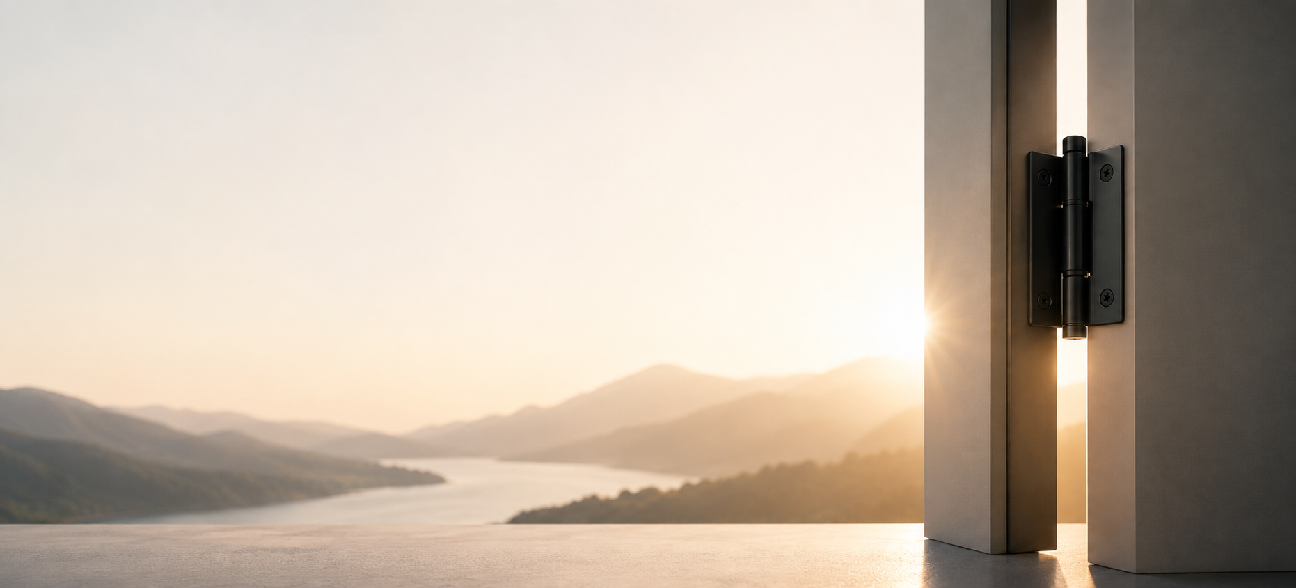 Close-up of a door hinge at a doorway, with sunlight shining through the gap between the door and the frame, overlooking a landscape of mountains and a river at sunset.