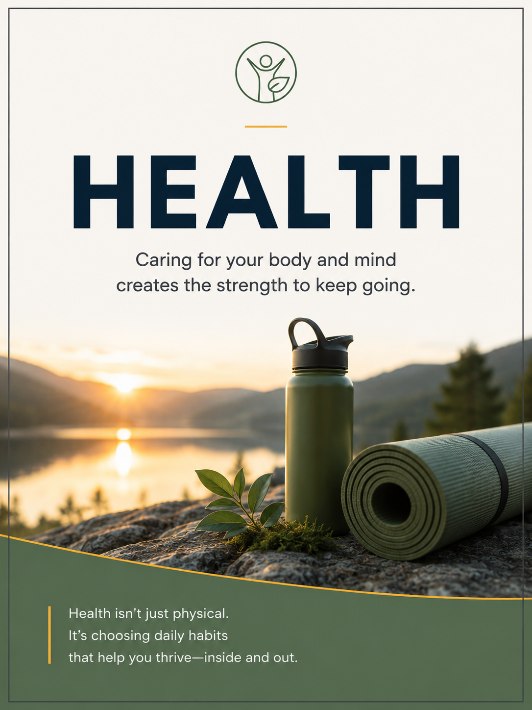 A motivational poster with a scenic outdoor background of a sunset over a lake, featuring a green water bottle and a rolled yoga mat on a rock. The poster emphasizes health and wellness.