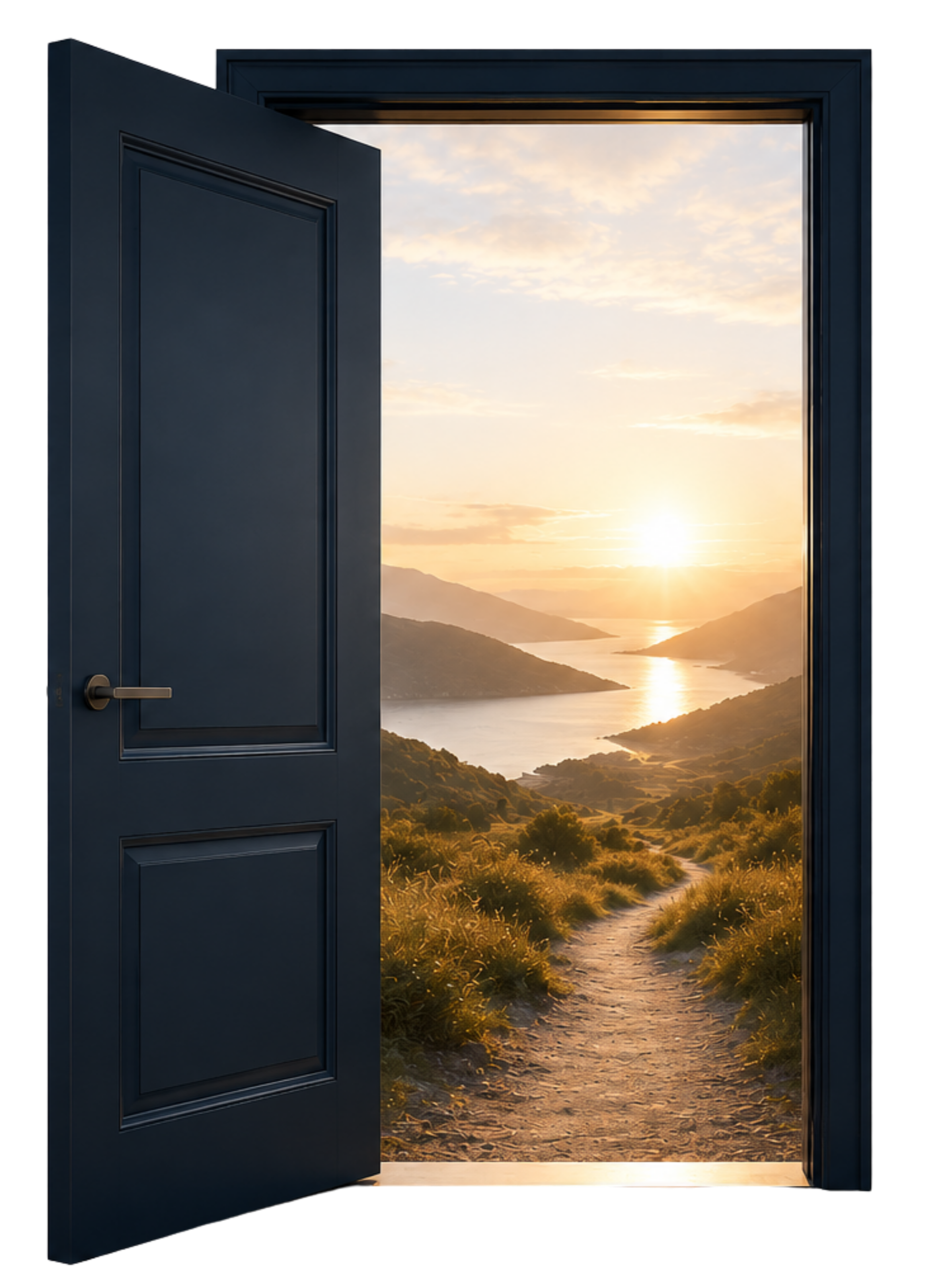 A blue door open to a scenic landscape of a river, mountains, and a sunset with clouds.