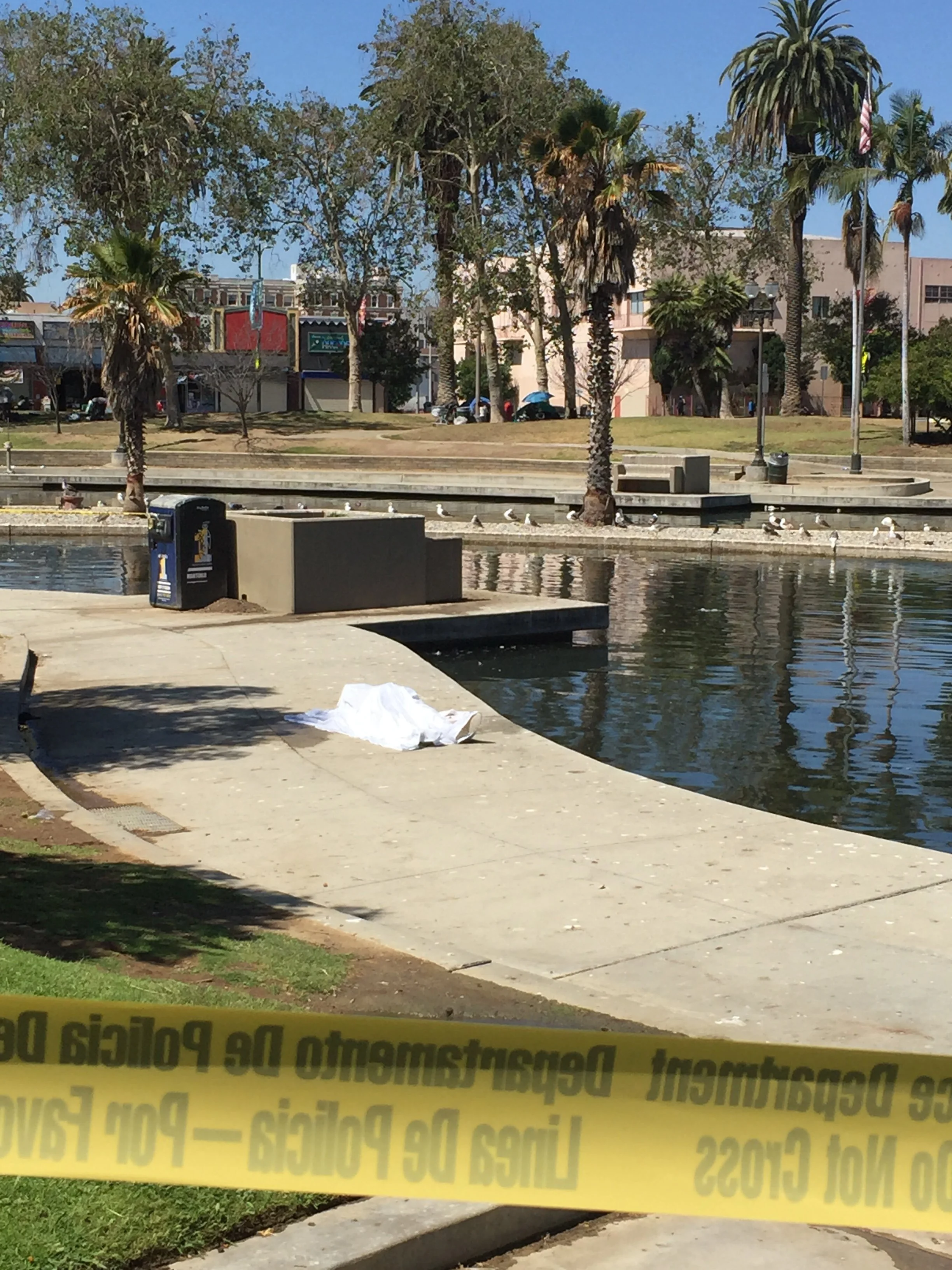 A small urban park with palm trees and a water feature, surrounded by buildings, and marked off with police tape.