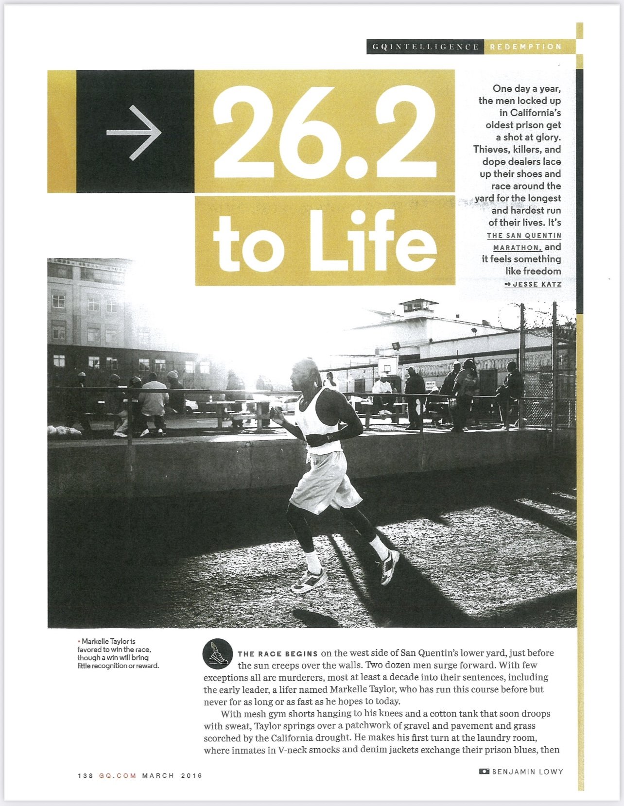 A black and white photo of a man running on a track outside, with a group of people in the background at a basketball court. The page features a large headline reading '26.2 to Life' and German words 'GQ INTELLIGENCE REDPPTION' at the top. There is an article about Markelle Taylor and a mention of the San Quentin Marathon.
