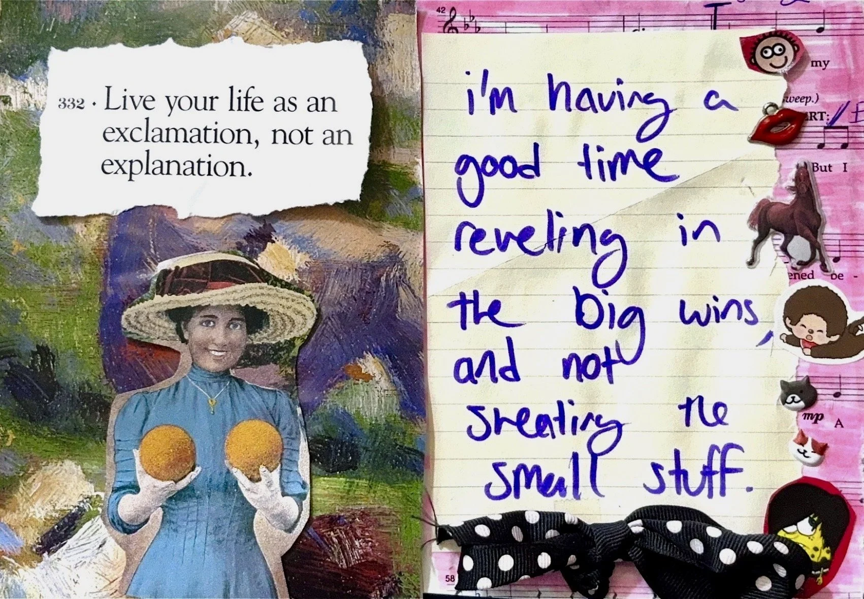 i challenged myself to make a spread on a 20 minute break instead of doomscrolling between classes. i really identify with this orange diva on the left. she knows things.