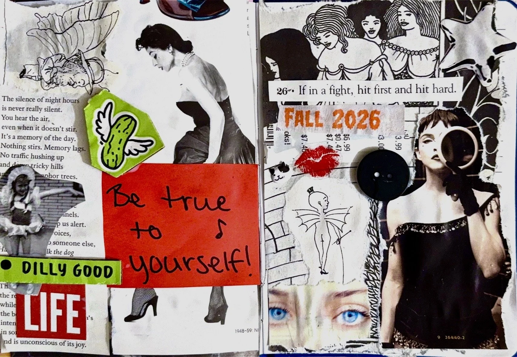 i am really in love with the few pops of color that found their way into this piece. positive affirmations are always a favorite to include on a spread. this one fell off of the wall and right onto my shoe. i think it was a sign :)