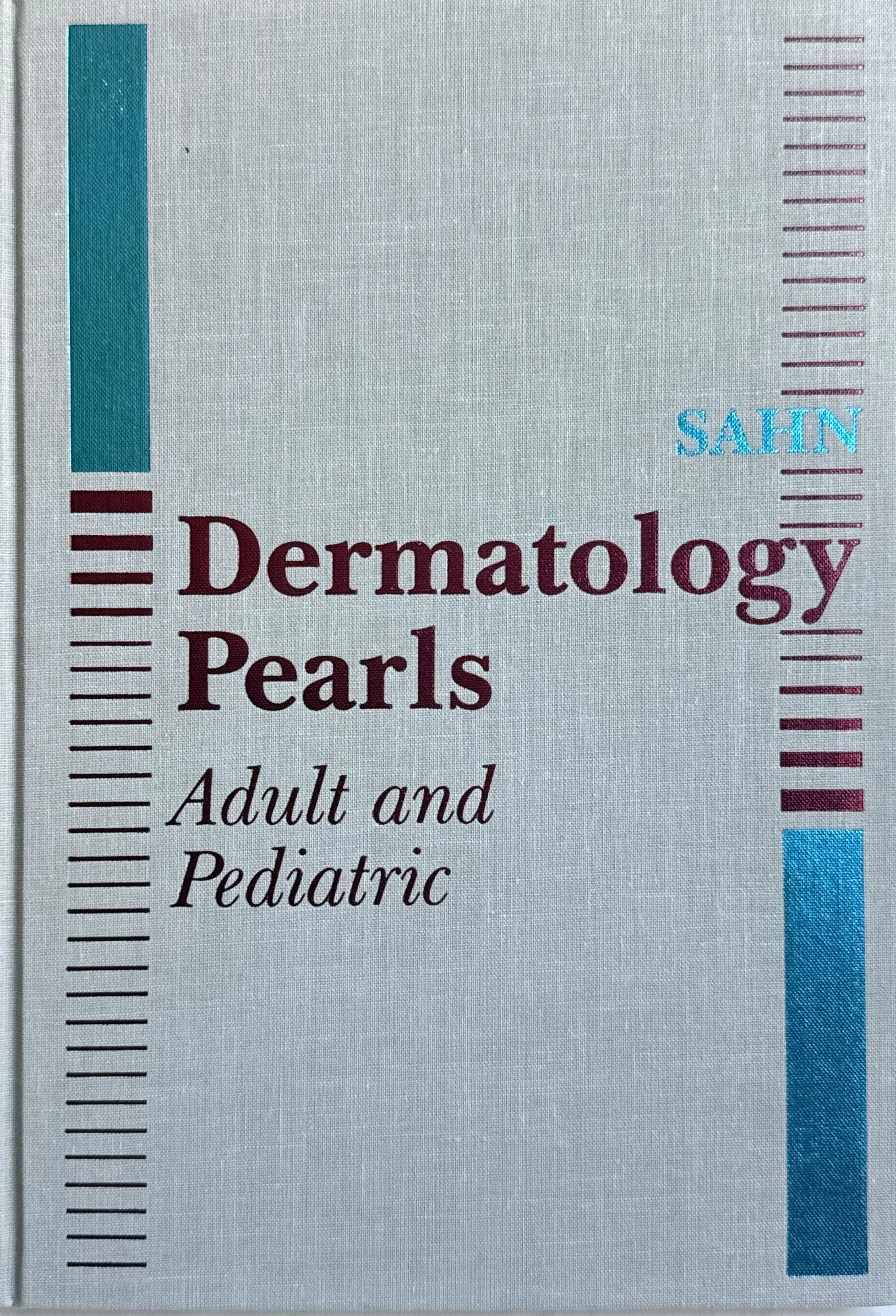 Close-up of a medical textbook or journal showing the title 'Dermatology Pearls' with section headings for adult and pediatric dermatology, a blue and red color theme, and a vertical ruler on the left side.