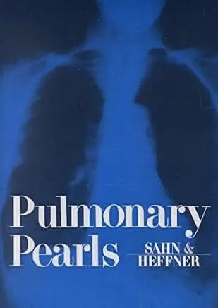 Book cover titled "Pulmonary Pearls" by Sain & Heffner, featuring an artistic depiction of lungs in shades of blue.