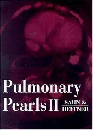 Book cover titled 'Pulmonary Pearls II' by Sain and Heffner, featuring a dark background with a pinkish image of lungs.