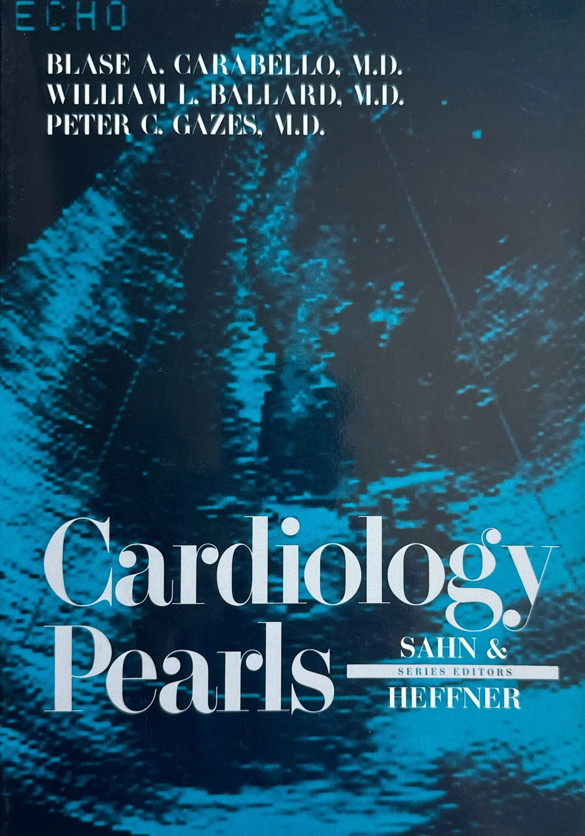 Close-up of a book cover titled 'Cardiology: People' edited by HEFFER, SAHN & SERIES EDITORS, with a blue-toned abstract textured background.