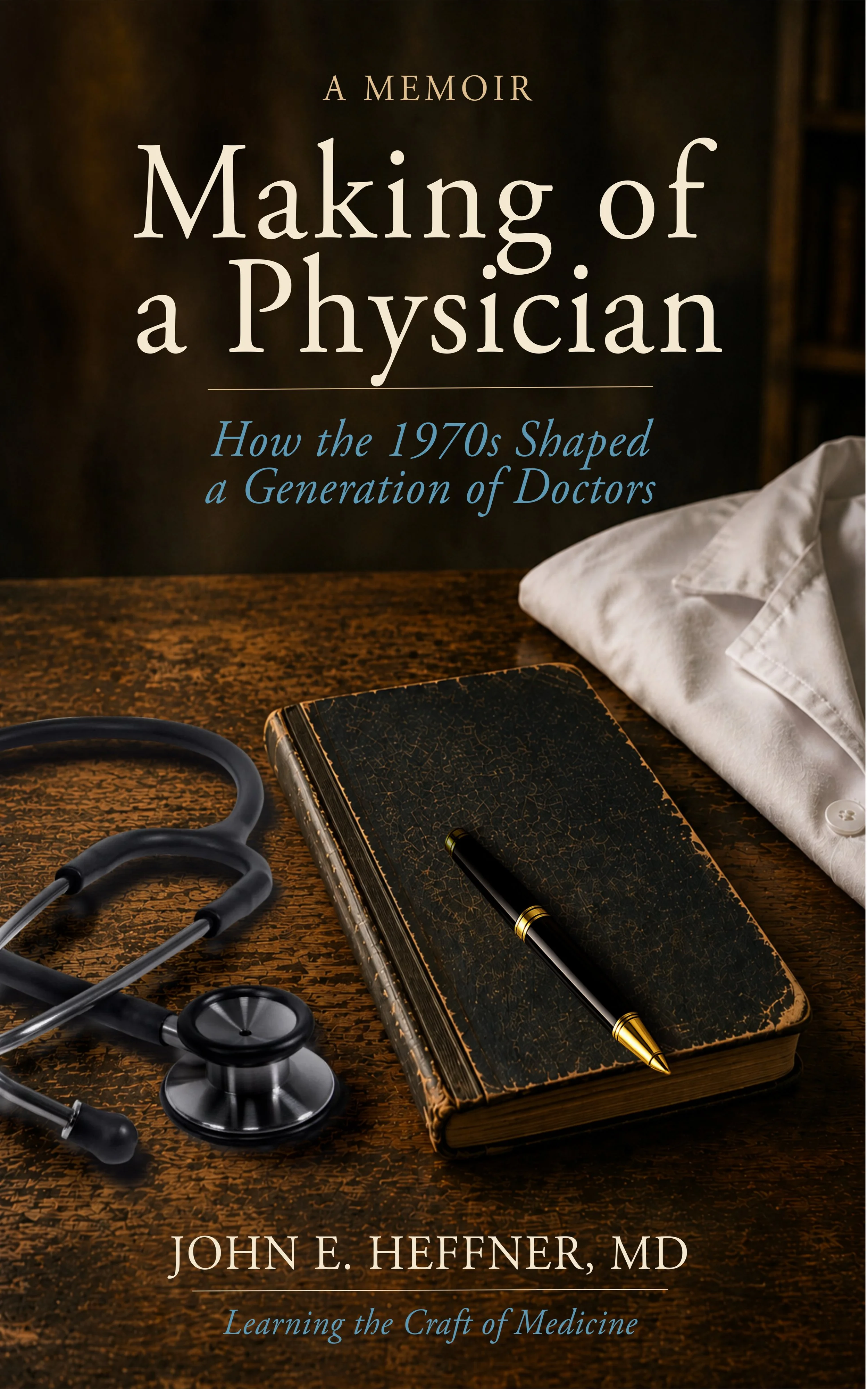 Book cover titled 'Making of a Physician: How the 1970s Shaped a Generation of Doctors' by John E. Heffner, MD, with a stethoscope, notebook, and pen on a wooden surface.