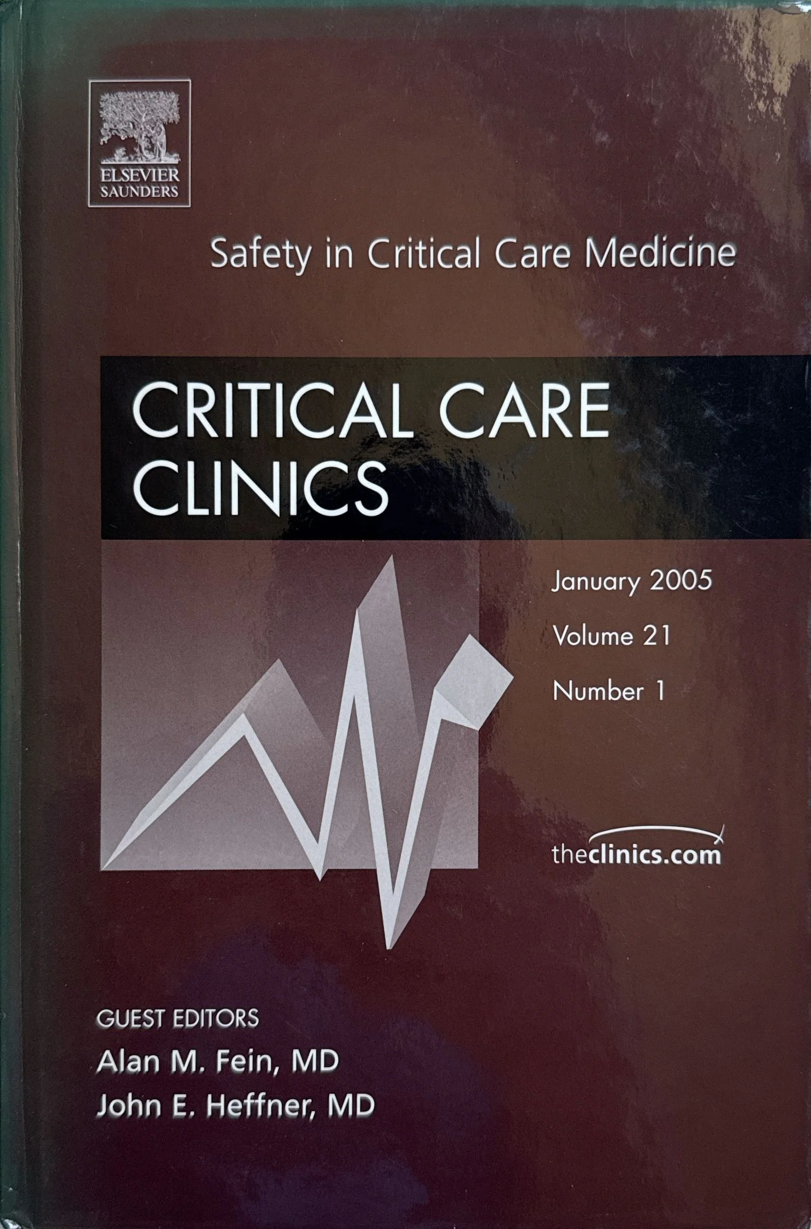 Book cover titled 'Safety in Critical Care Medicine.' It features the title 'Critical Care Clinics,' publication date January 2005, Volume 21, Number 1, published by Elsevier Saunders. The cover has a black and maroon background, with a geometric line design and a logo of a tree at the top left corner.