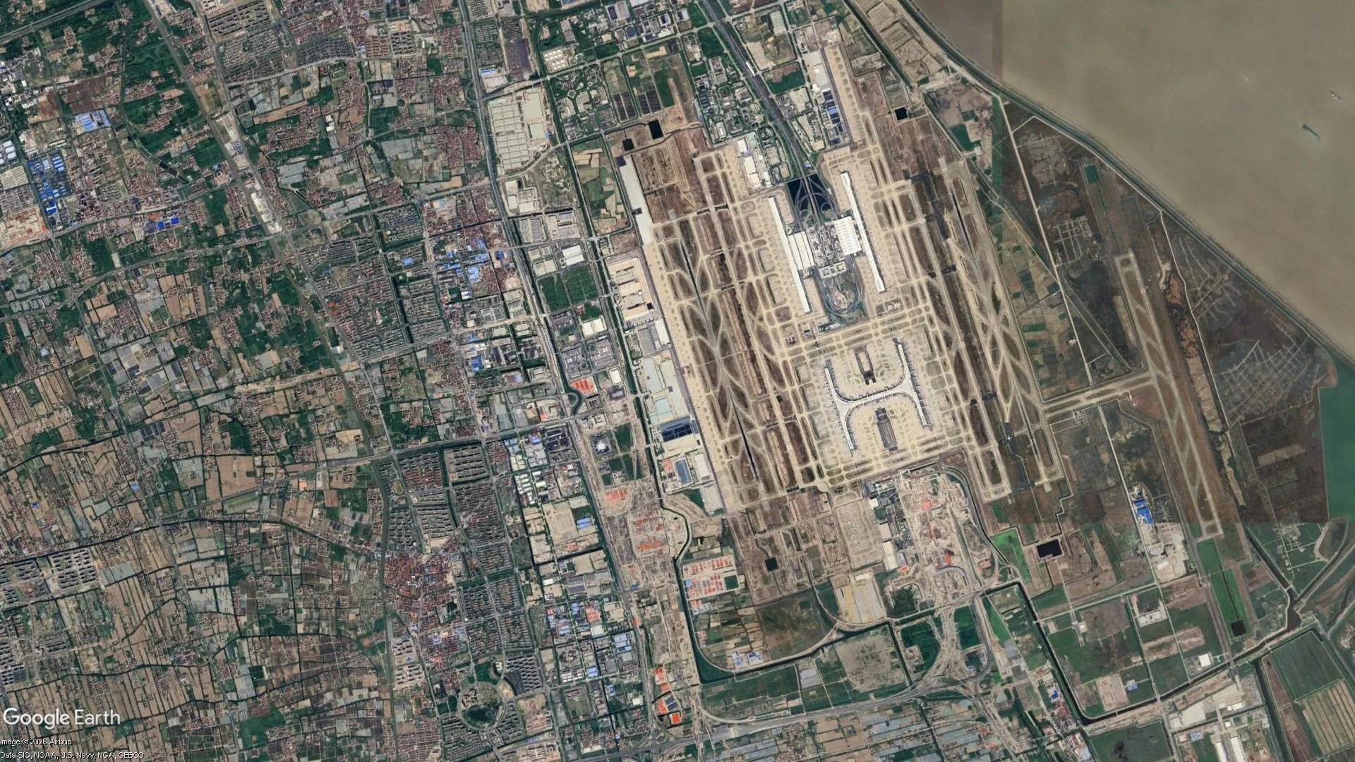 Satellite view of Shanghai Pudong International Airport (PVG), Shanghai, China