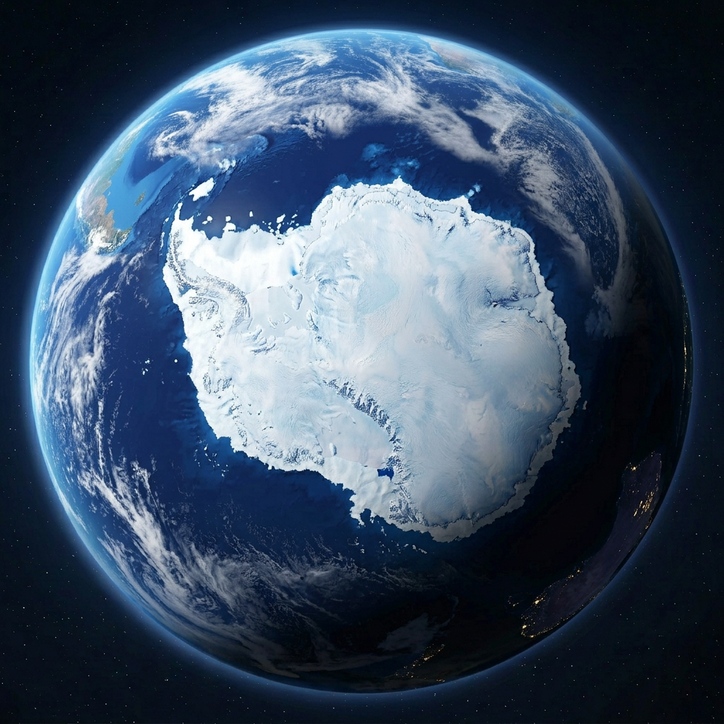 Satellite view of Earth highlighting Antarctica covered in ice and snow.
