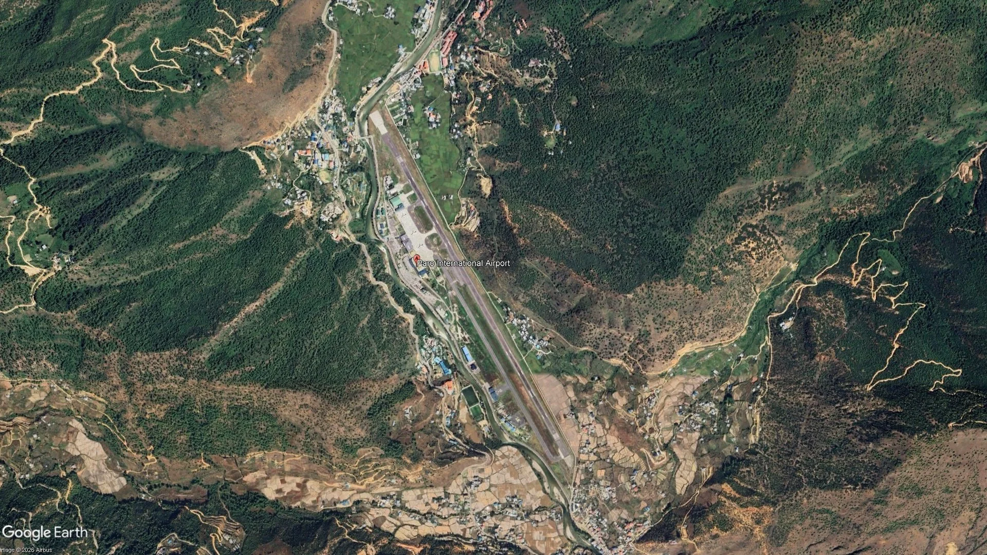 Satellite view of Paro International Airport (PBH), Bhutan