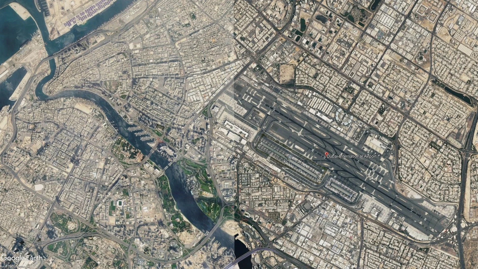 Satellite view of Dubai International Airport (DXB), Dubai, United Arab Emirates