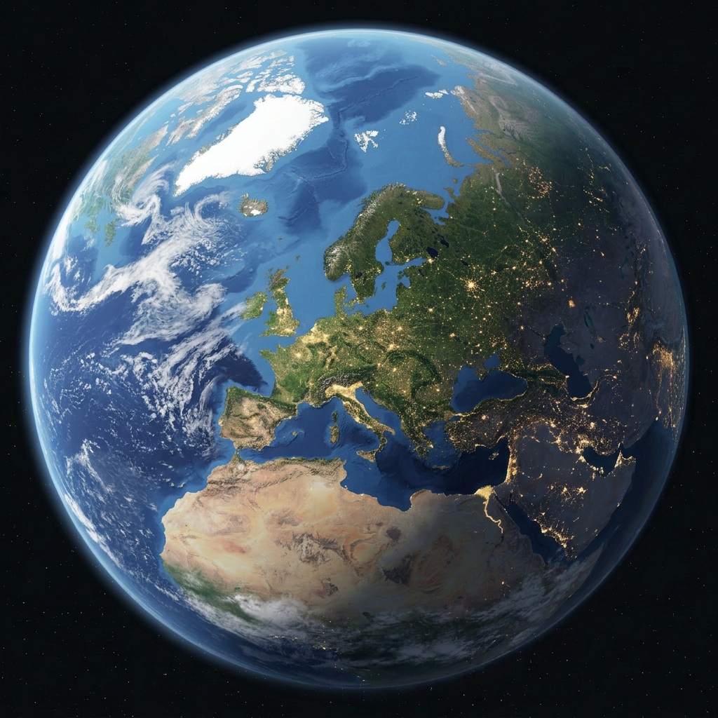 Earth from space showing Europe, northern Africa, and parts of the Middle East with city lights at night.